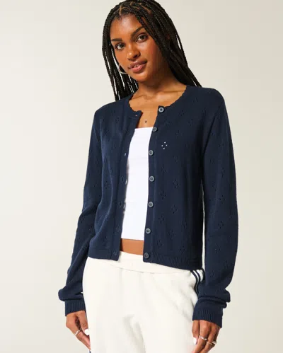 Hollister Eyelet Crew Cardigan In Blue