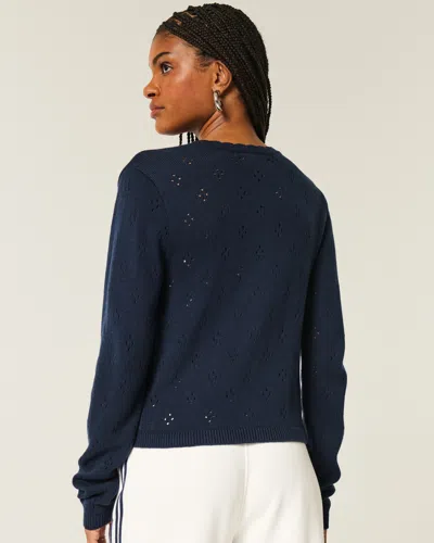 Hollister Eyelet Crew Cardigan In Blue