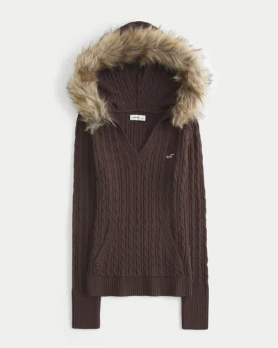 Hollister Faux Fur Trim Hooded Cable-knit Sweater In Brown