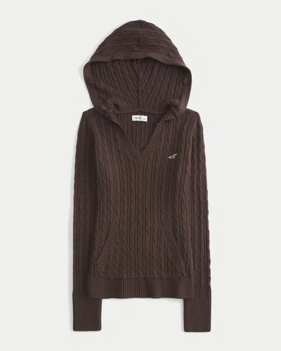 Hollister Faux Fur Trim Hooded Cable-knit Sweater In Brown