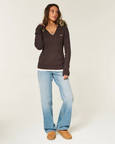 Hollister Faux Fur Trim Hooded Cable-knit Sweater In Brown