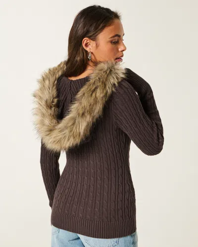 Hollister Faux Fur Trim Hooded Cable-knit Sweater In Brown