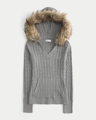 Hollister Faux Fur Trim Hooded Cable-knit Sweater In Gray