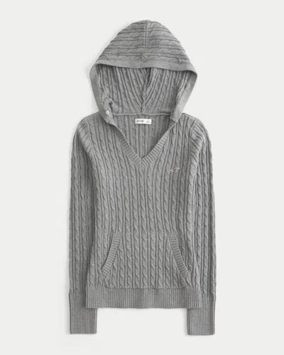 Hollister Faux Fur Trim Hooded Cable-knit Sweater In Gray