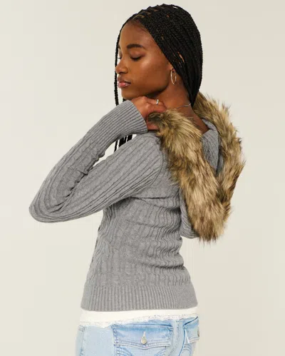 Hollister Faux Fur Trim Hooded Cable-knit Sweater In Gray