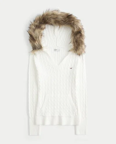 Hollister Faux Fur Trim Hooded Cable-knit Sweater In White
