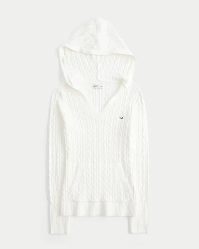 Hollister Faux Fur Trim Hooded Cable-knit Sweater In White