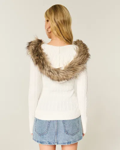 Hollister Faux Fur Trim Hooded Cable-knit Sweater In White