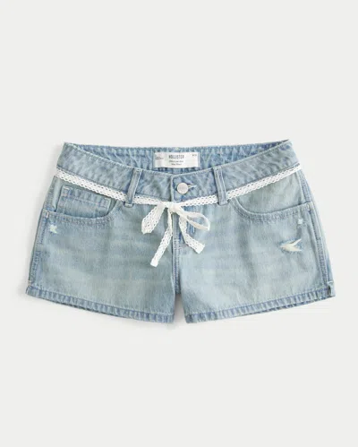 Hollister Ultra Low-rise Light Wash Lace Tie Denim Mini Shorts In Blue