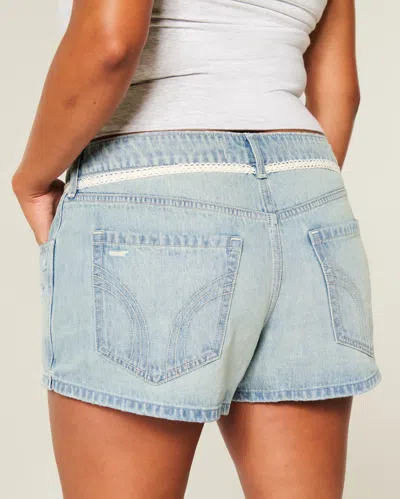 Hollister Ultra Low-rise Light Wash Lace Tie Denim Mini Shorts In Blue