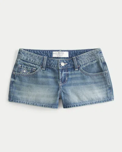Hollister Ultra Low-rise Medium Wash Floral Embroidered Denim Mini Shorts In Blue