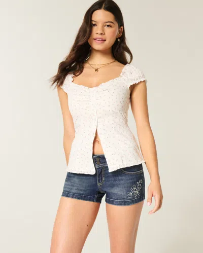 Hollister Low-rise Dark Wash Embroidered Denim Shortie Shorts In White