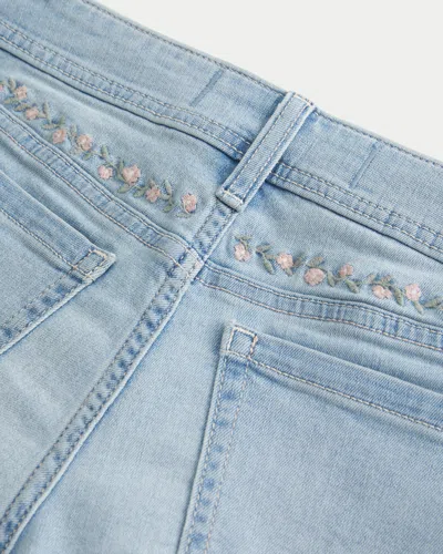 Hollister Curvy Low-rise Light Wash Floral Embroidered Denim Shortie Shorts In Blue