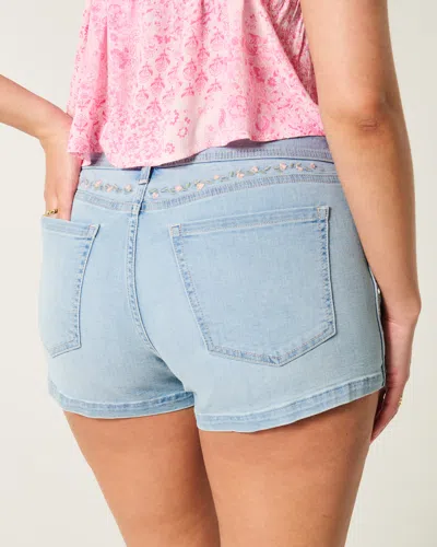 Hollister Curvy Low-rise Light Wash Floral Embroidered Denim Shortie Shorts In Blue