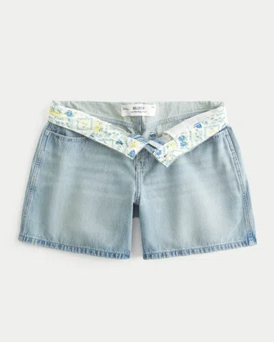 Hollister Low-rise Light Wash Foldover Waist Baggy Denim Shorts 5" In Blue
