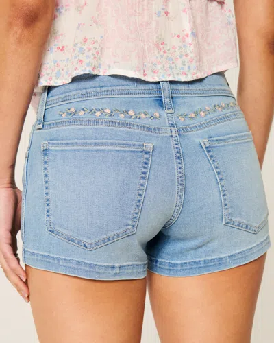 Hollister Low-rise Light Wash Floral Embroidered Denim Shortie Shorts In White