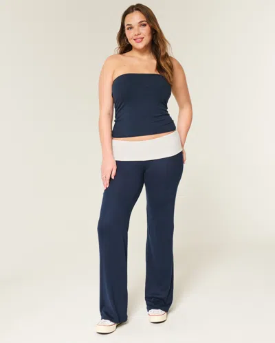 Hollister Foldover Waist Knit Flare Pants In Blue