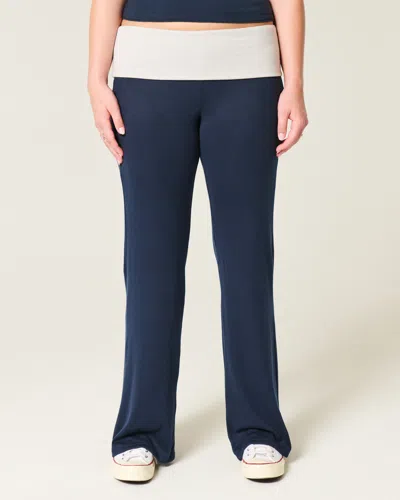 Hollister Foldover Waist Knit Flare Pants In Blue