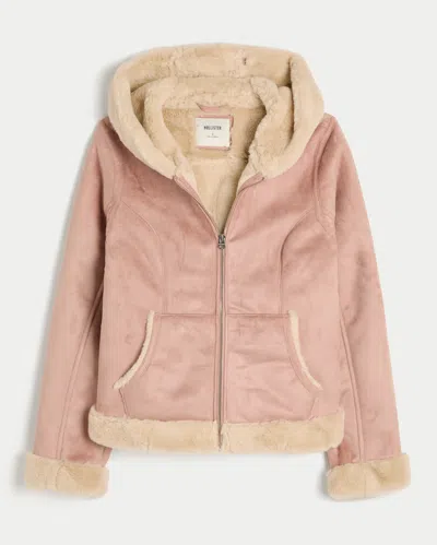 Hollister Faux Fur-lined Faux Shearling Hoodie Jacket In Pink