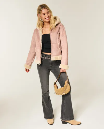 Hollister Faux Fur-lined Faux Shearling Hoodie Jacket In Pink