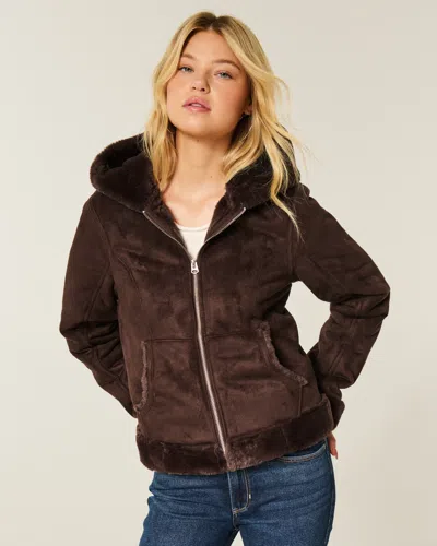 Hollister Faux Fur-lined Faux Shearling Hoodie Jacket In Brown