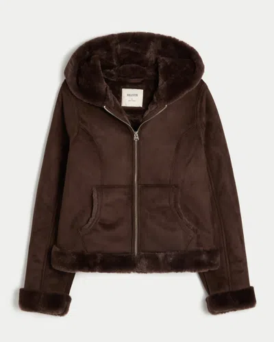 Hollister Faux Fur-lined Faux Shearling Hoodie Jacket In Brown