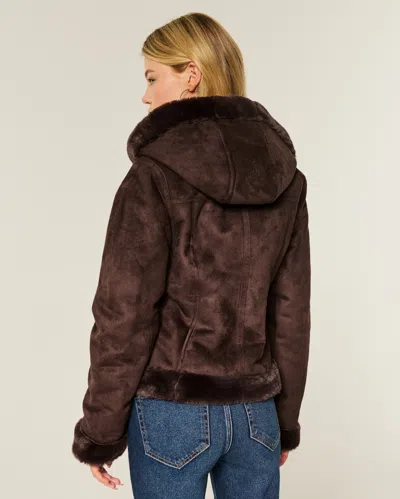 Hollister Faux Fur-lined Faux Shearling Hoodie Jacket In Brown