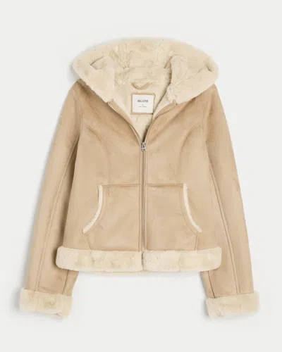 Hollister Faux Fur-lined Faux Shearling Hoodie Jacket In Neutral