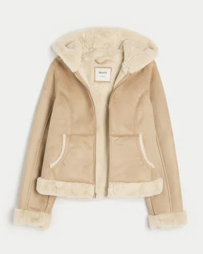 Hollister Faux Fur-lined Faux Shearling Hoodie Jacket In Neutral