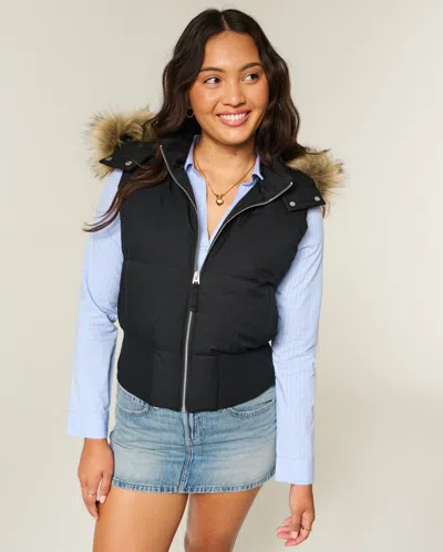 Hollister Faux Fur Trim Hooded Y2k Vest In Black