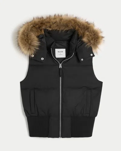 Hollister Faux Fur Trim Hooded Y2k Vest In Black