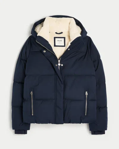 Hollister Faux Fur-lined All-weather Puffer Jacket In Blue