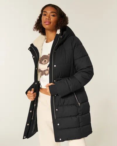 Hollister Faux Fur-lined Puffer Parka In Black