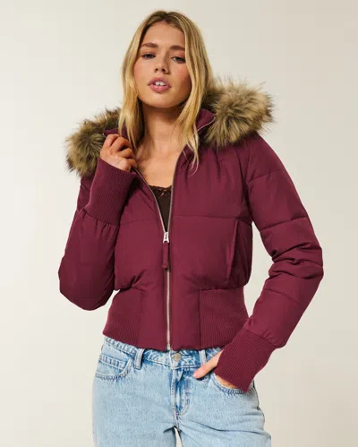 Hollister Faux Fur Trim Puffer Bomber Jacket