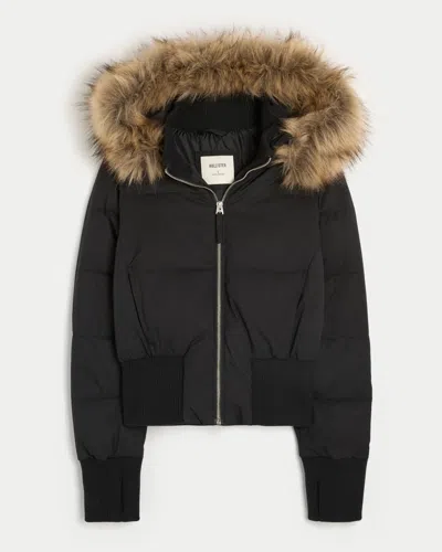 Hollister Faux Fur Trim Puffer Bomber Jacket In Black