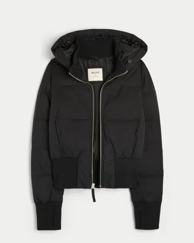 Hollister Faux Fur Trim Puffer Bomber Jacket In Black