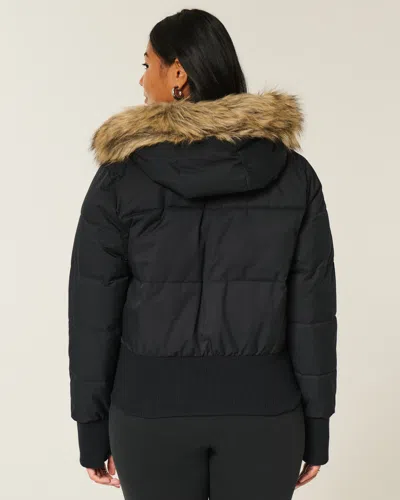 Hollister Faux Fur Trim Puffer Bomber Jacket In Black