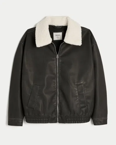 Hollister Sherpa Collar Faux Leather Bomber Jacket In Black