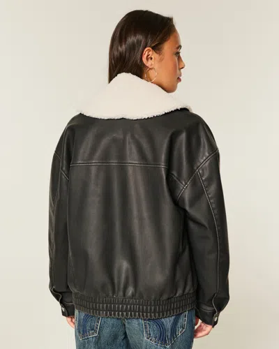 Hollister Sherpa Collar Faux Leather Bomber Jacket In Black