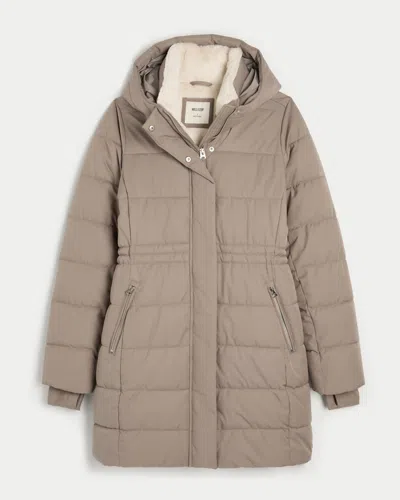 Hollister Faux Fur-lined Puffer Parka In Gray