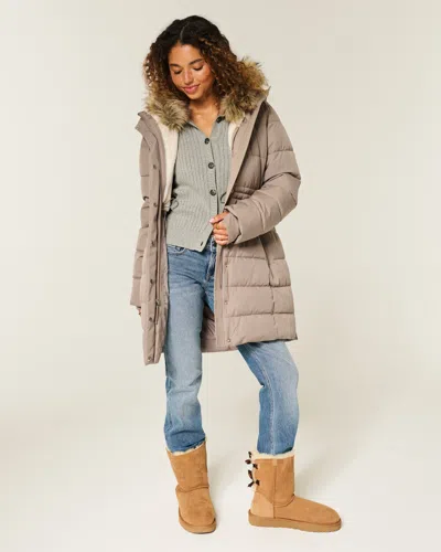Hollister Faux Fur-lined Puffer Parka In Gray