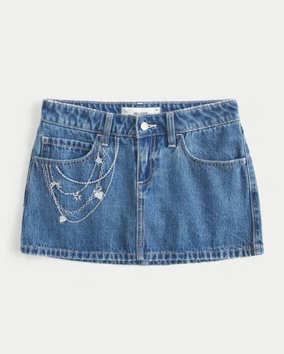 Hollister Medium Wash Embroidered Chain Denim Mini Skort In Blue