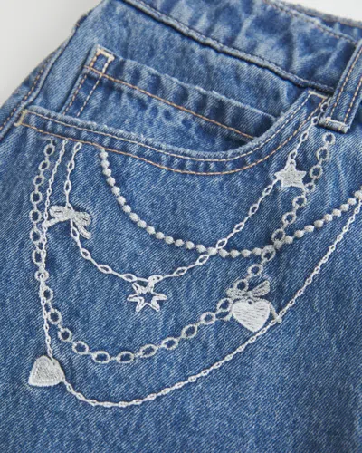 Hollister Medium Wash Embroidered Chain Denim Mini Skort In Blue