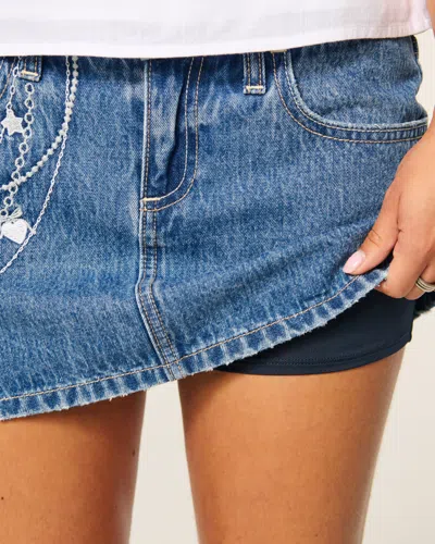Hollister Medium Wash Embroidered Chain Denim Mini Skort In Blue