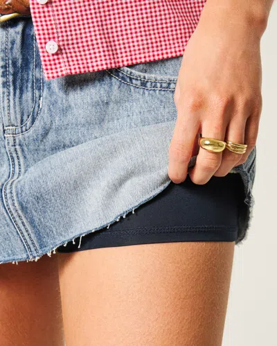 Hollister Low-rise Star Embroidered Denim Mini Skort In Blue