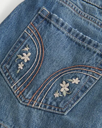 Hollister Low-rise Embroidered Denim Mini Skort In Blue