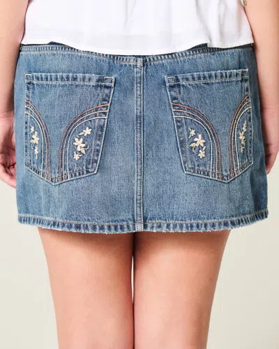 Hollister Low-rise Embroidered Denim Mini Skort In Blue