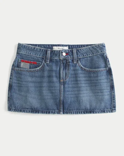 Hollister Low-rise Medium Wash Flag Embroidered Denim Mini Skort In Blue