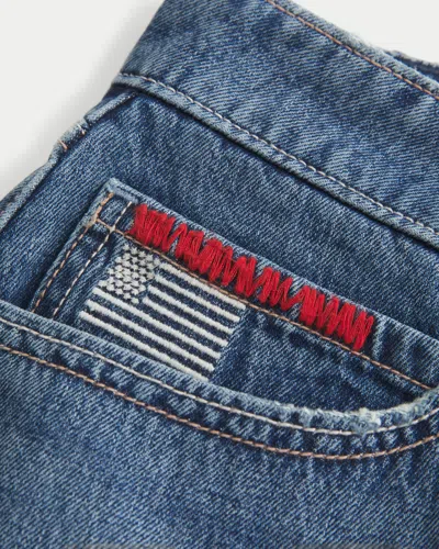 Hollister Low-rise Medium Wash Flag Embroidered Denim Mini Skort In Blue