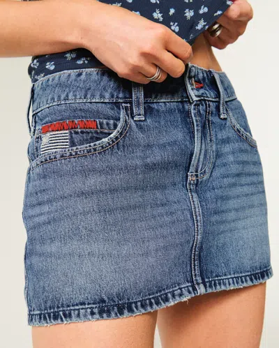 Hollister Low-rise Medium Wash Flag Embroidered Denim Mini Skort In Blue